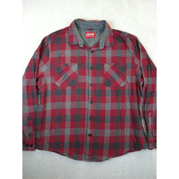 Coleman Plaid Flannel Shirt Men's 2XL Red/Gray Long Sleeve Pockets Outdoor EUC - Picture 1 of 11